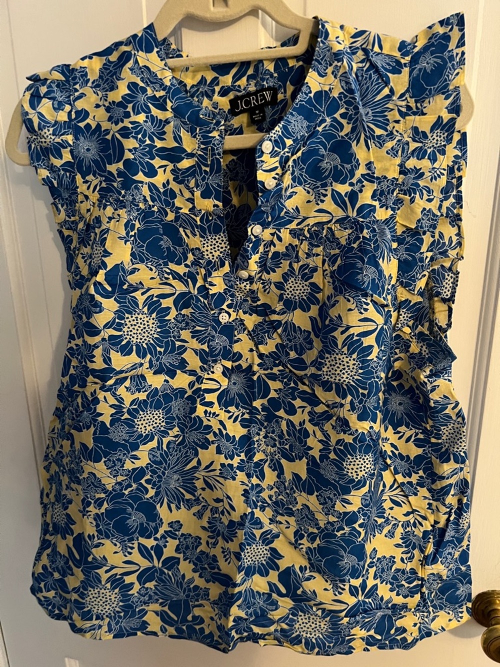J. Crew Yellow and Blue Floral Ruffle Sleeve Blouse size M